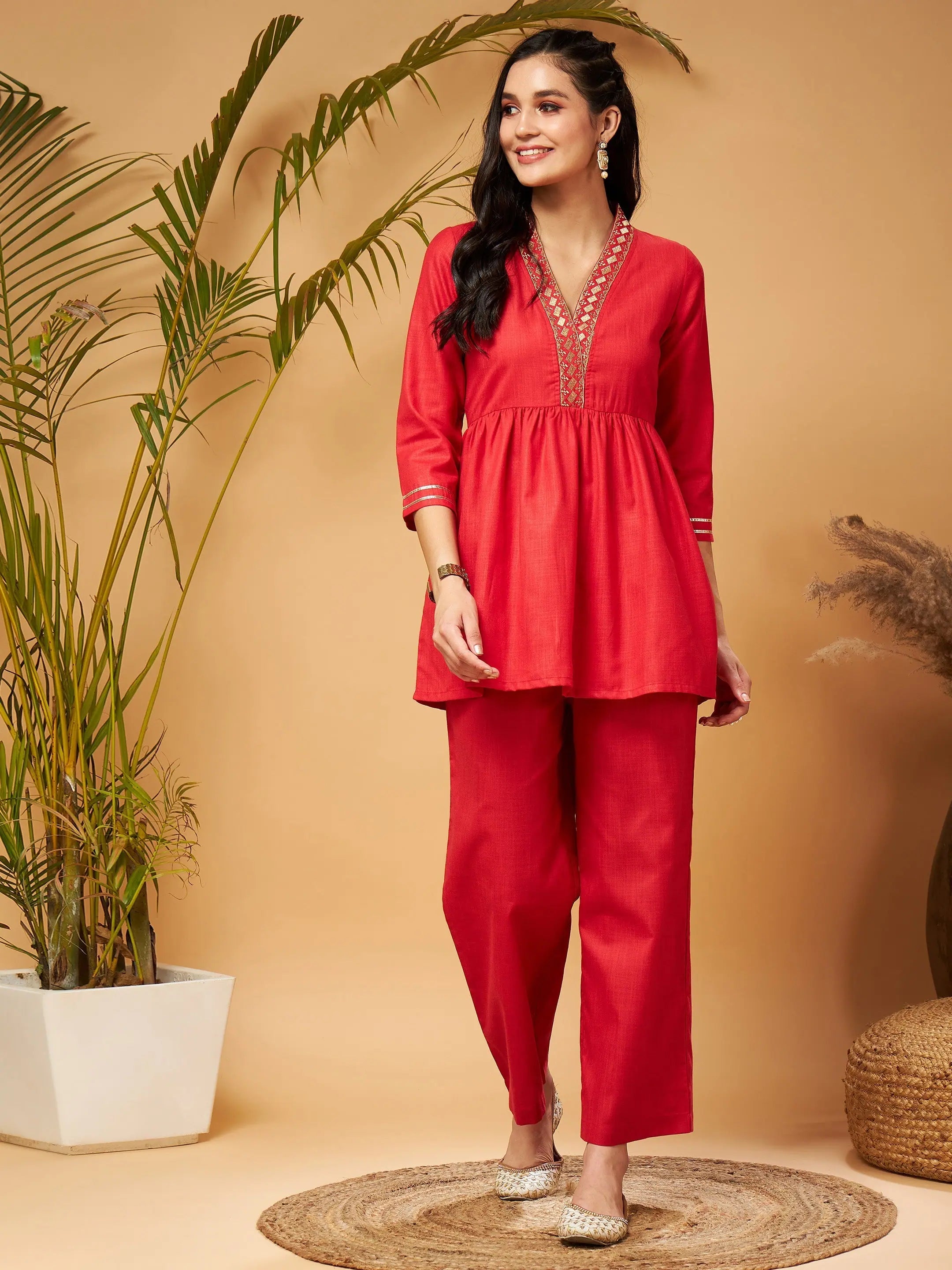 Red Embroidered Top & Palazzos Set | Women's Western Clothing