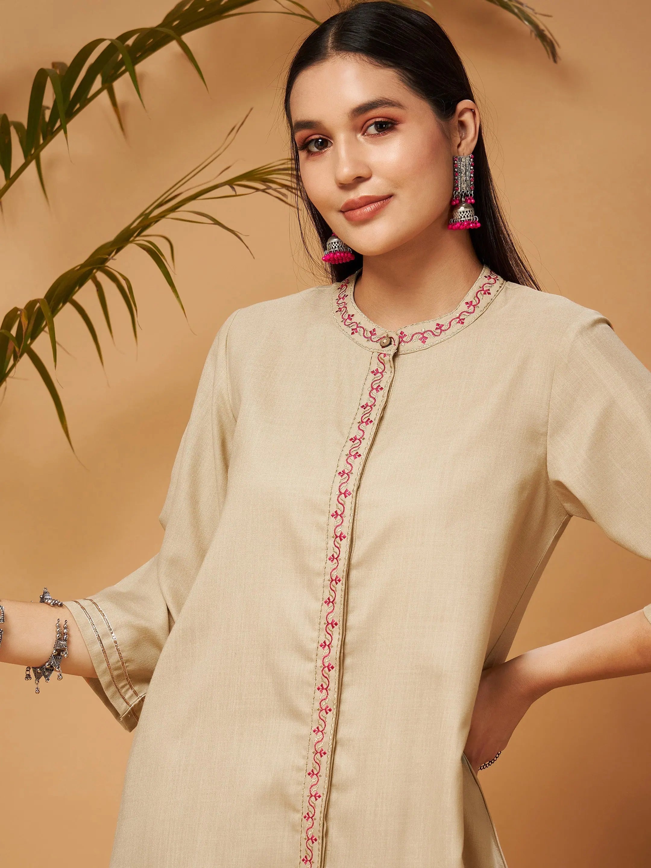 Beige Embroidered Women's Western Outfit with Front Slit Pants