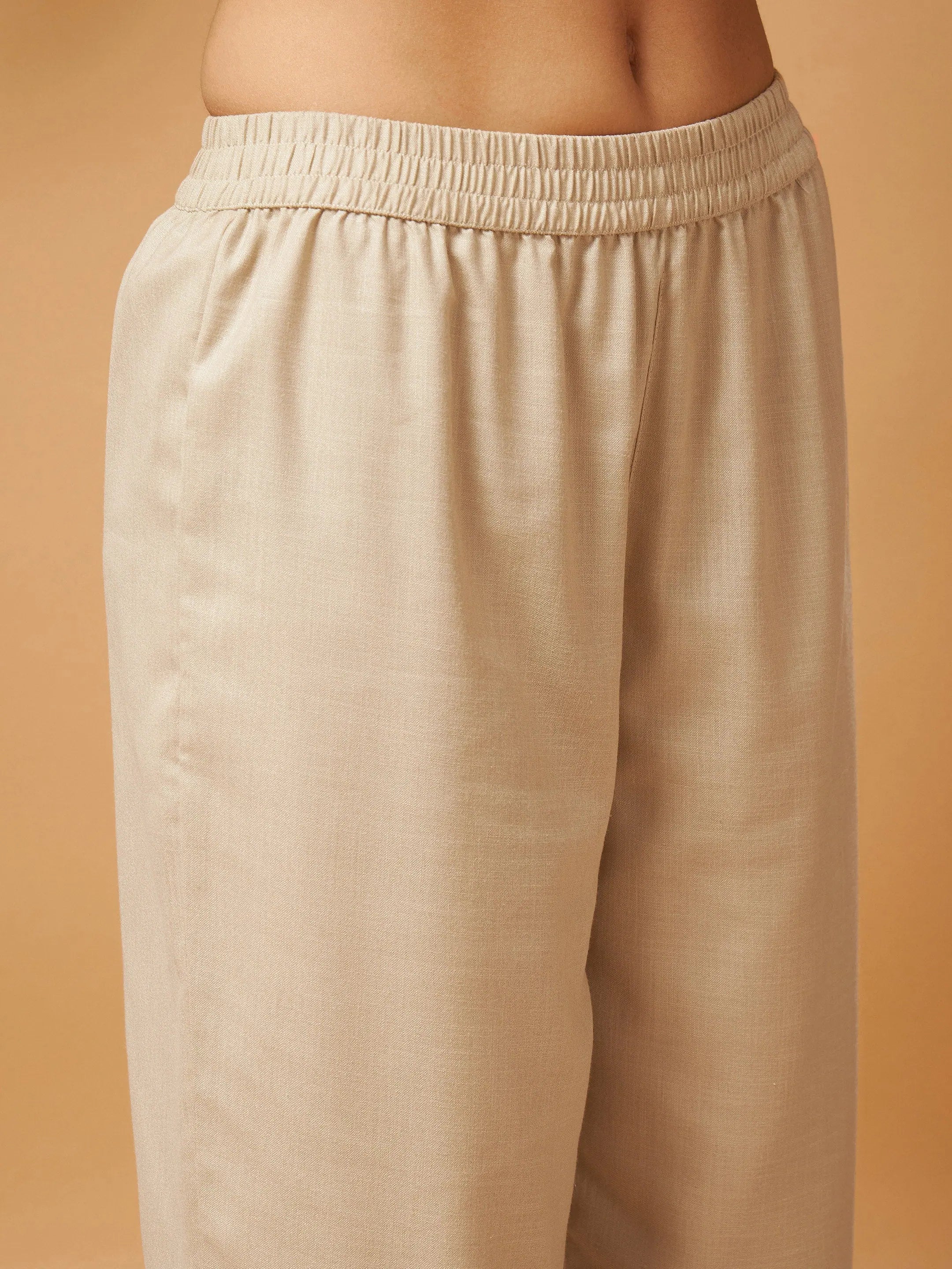 Beige Embroidered Women's Western Outfit with Front Slit Pants