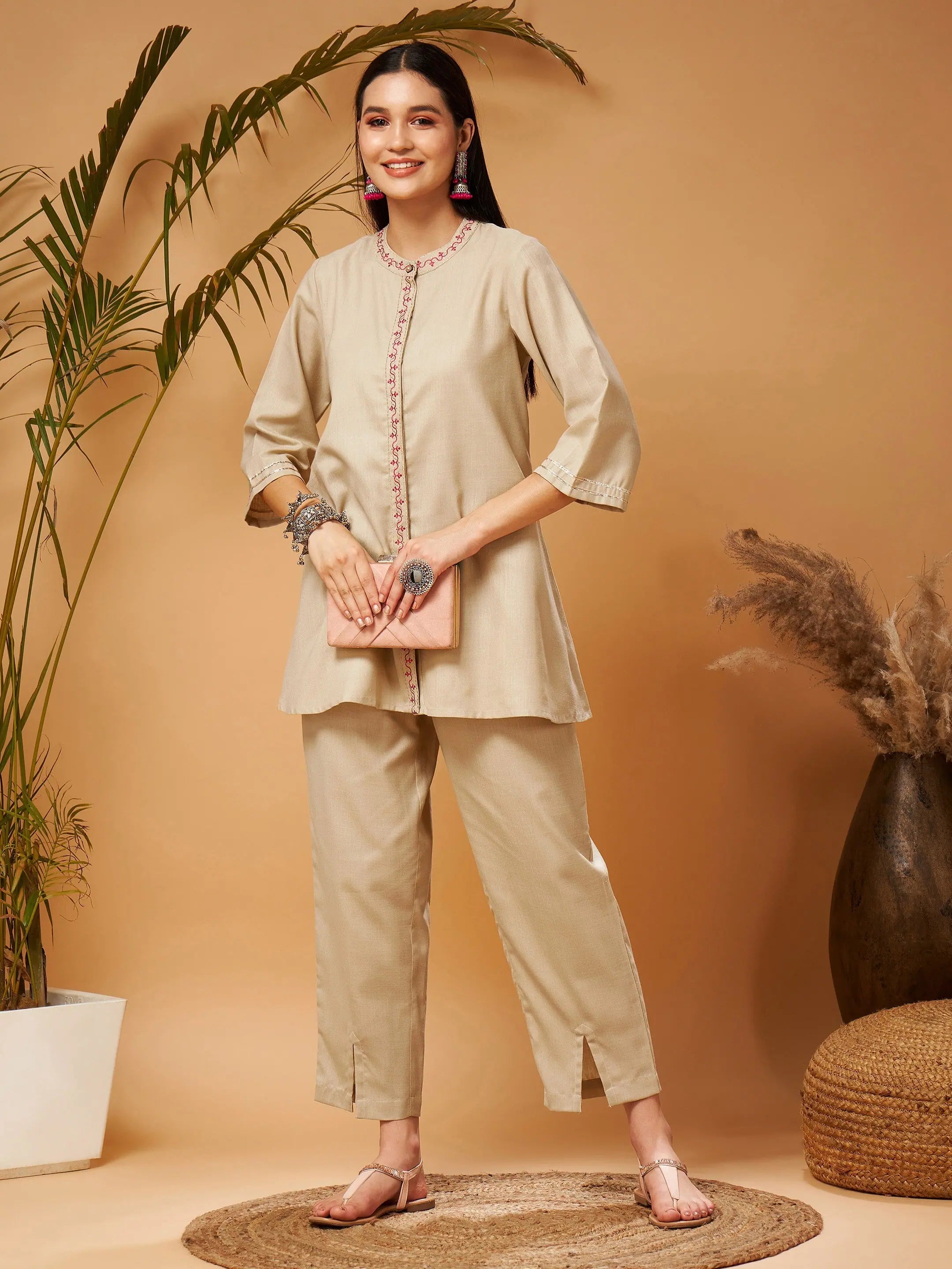 Beige Embroidered Women's Western Outfit with Front Slit Pants