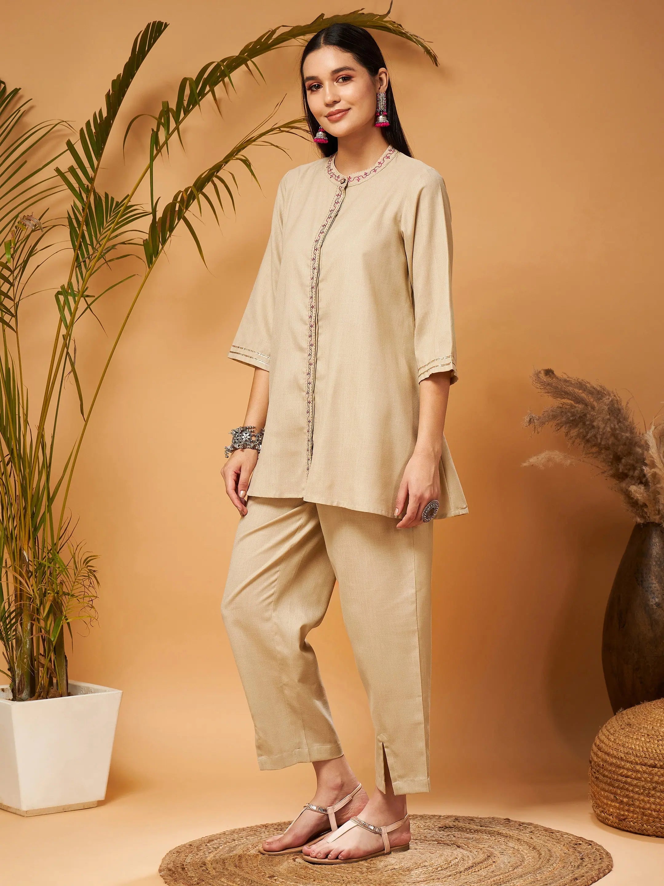 Beige Embroidered Women's Western Outfit with Front Slit Pants