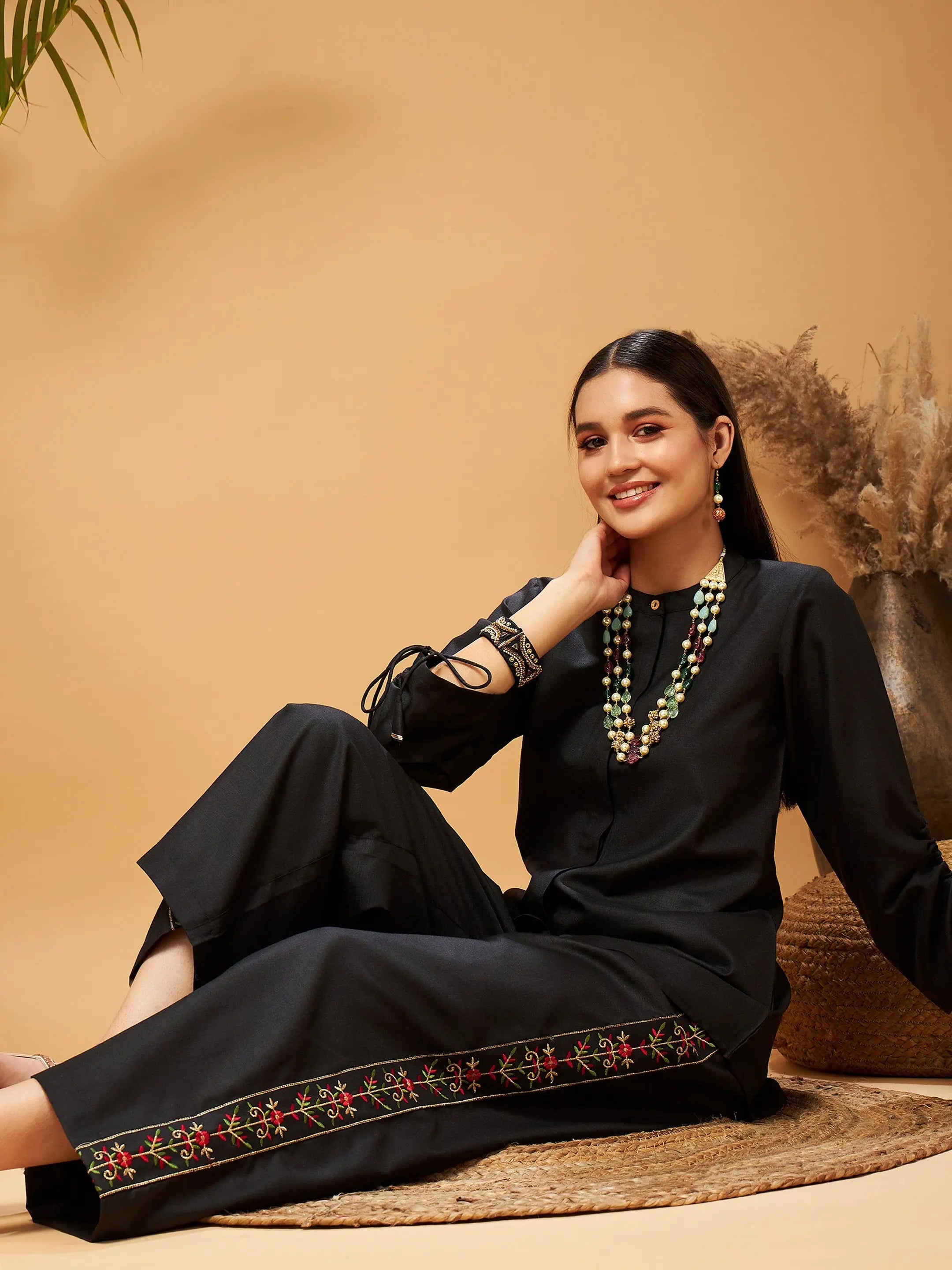 Black Embroidered Palazzos with Ruched Sleeve Top for Women