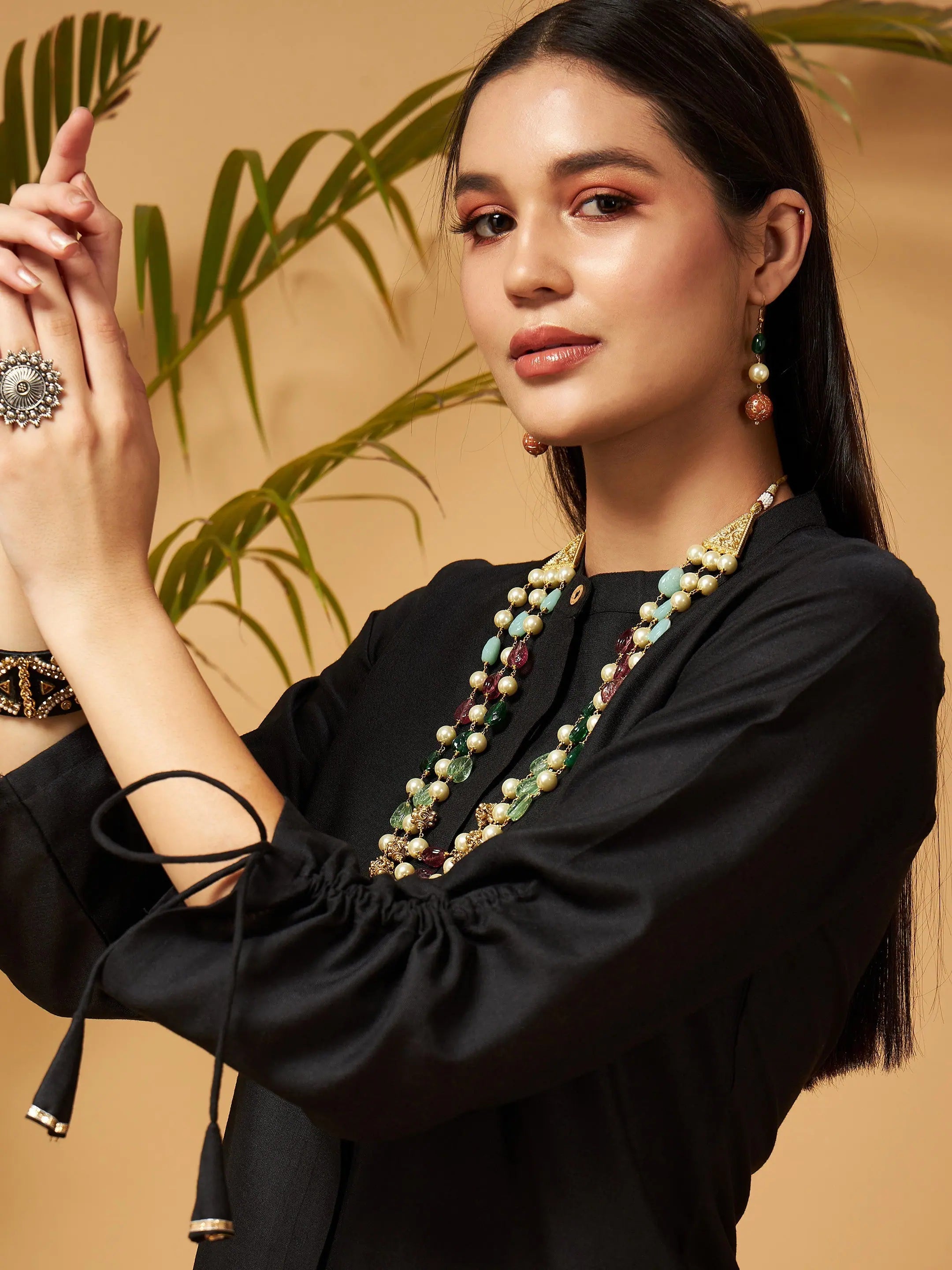 Black Embroidered Palazzos with Ruched Sleeve Top for Women