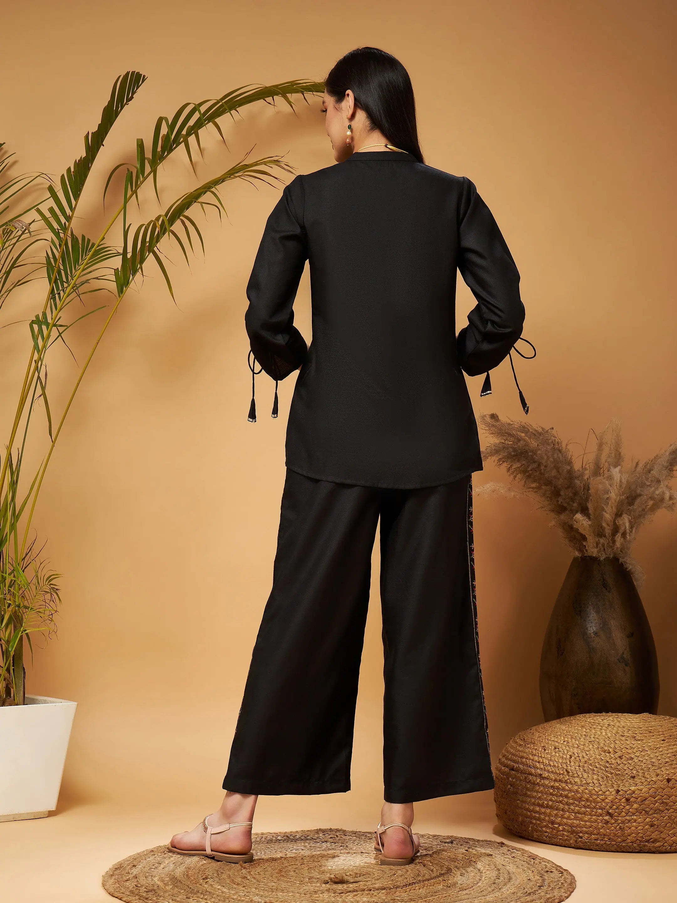 Black Embroidered Palazzos with Ruched Sleeve Top for Women