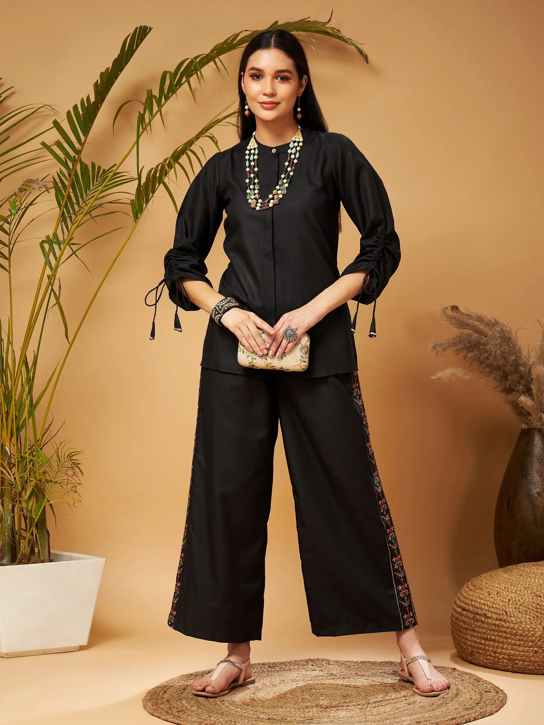 Black Embroidered Palazzos with Ruched Sleeve Top for Women