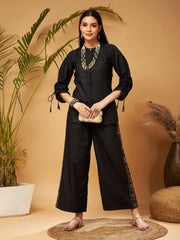 Women Black Ruched Sleeve Top With Embroidered Palazzos