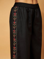 Women Black Ruched Sleeve Top With Embroidered Palazzos