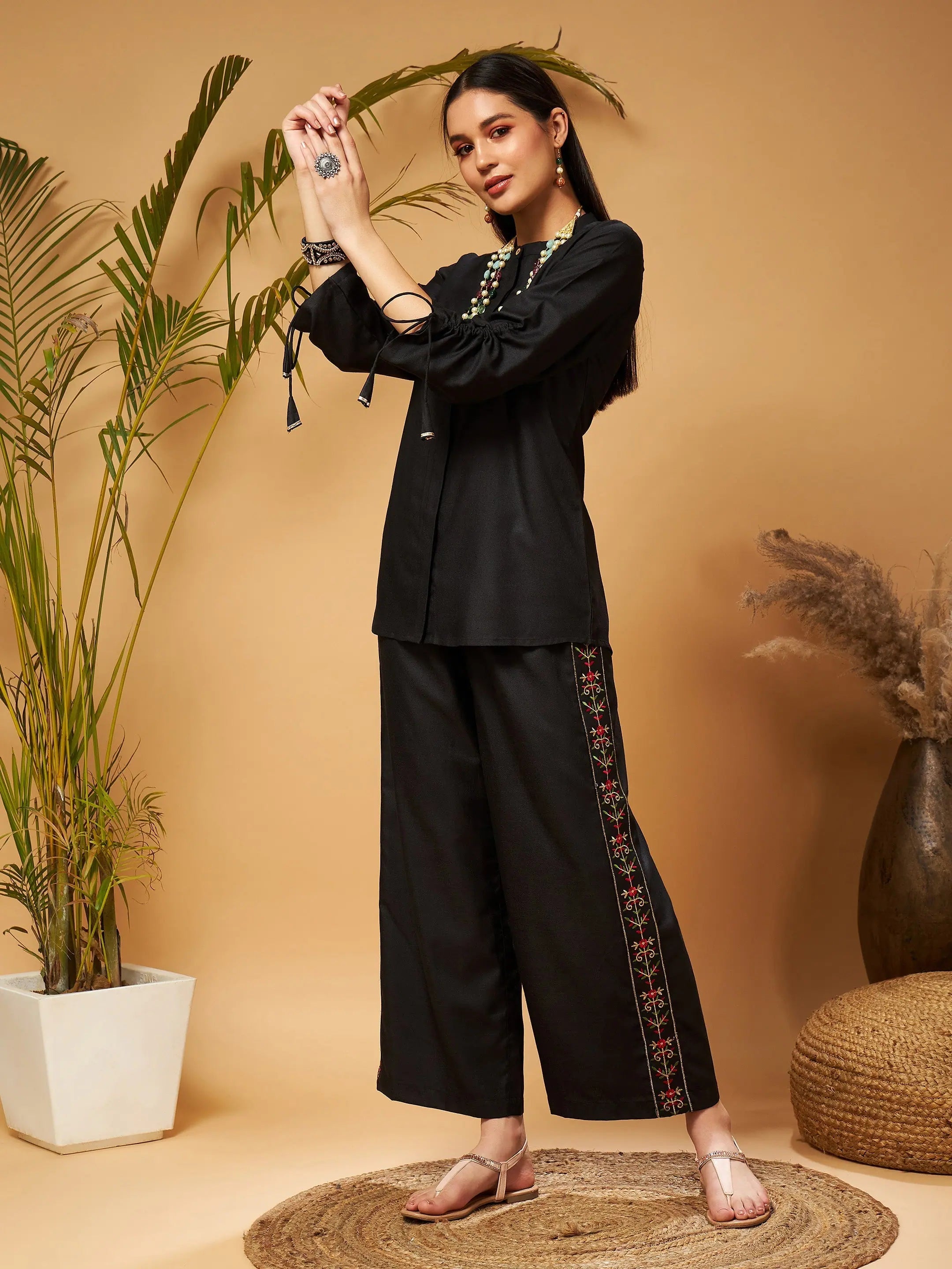 Black Embroidered Palazzos with Ruched Sleeve Top for Women