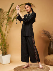 Women Black Ruched Sleeve Top With Embroidered Palazzos