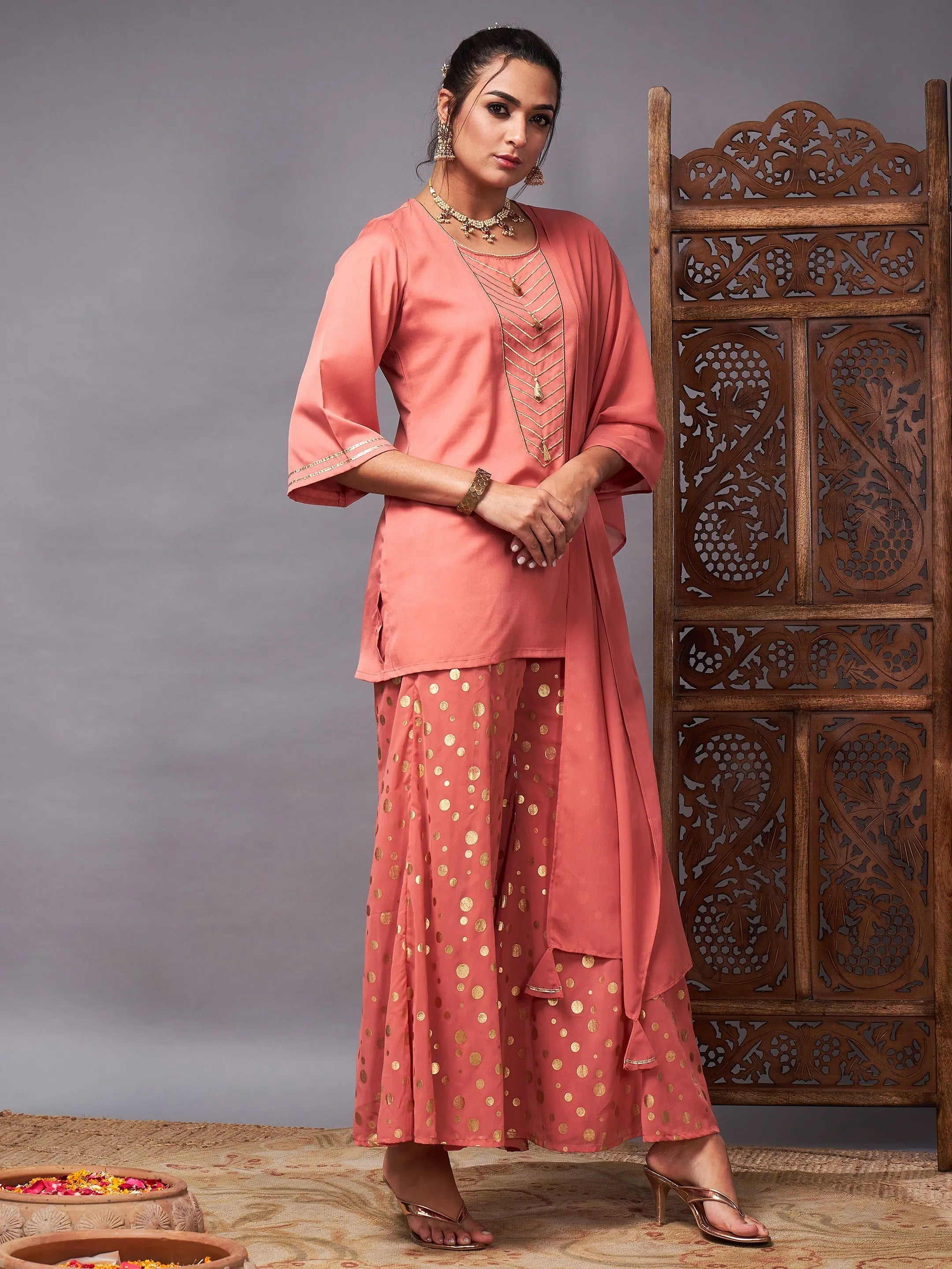 Rust Embroidered Kurta Palazzo Set | Women's Festive Style
