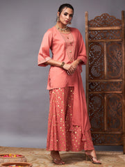 Women Rust Emb Short Kurta With Foil Palazzo And Dupatta