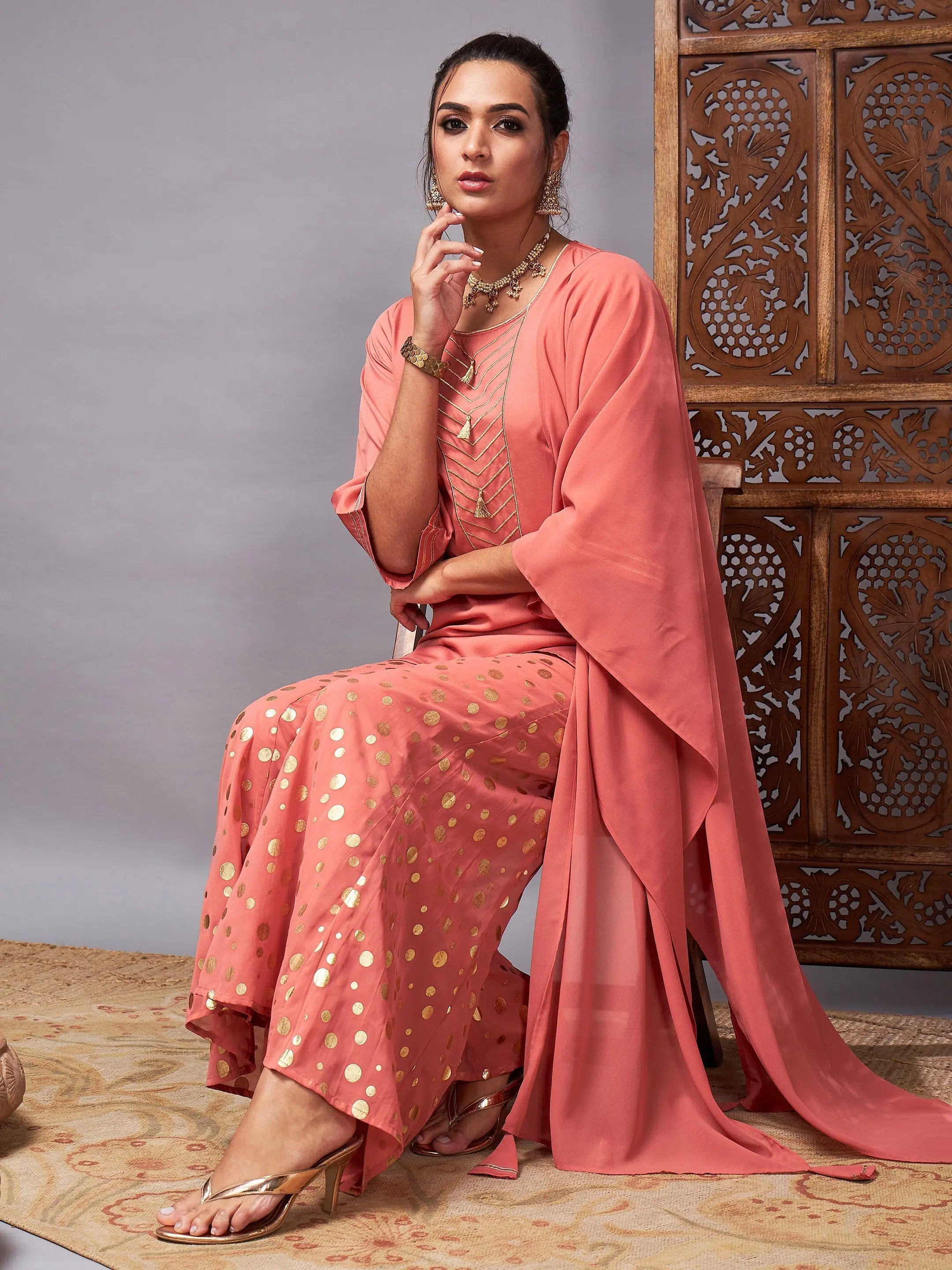Rust Embroidered Kurta Palazzo Set | Women's Festive Style