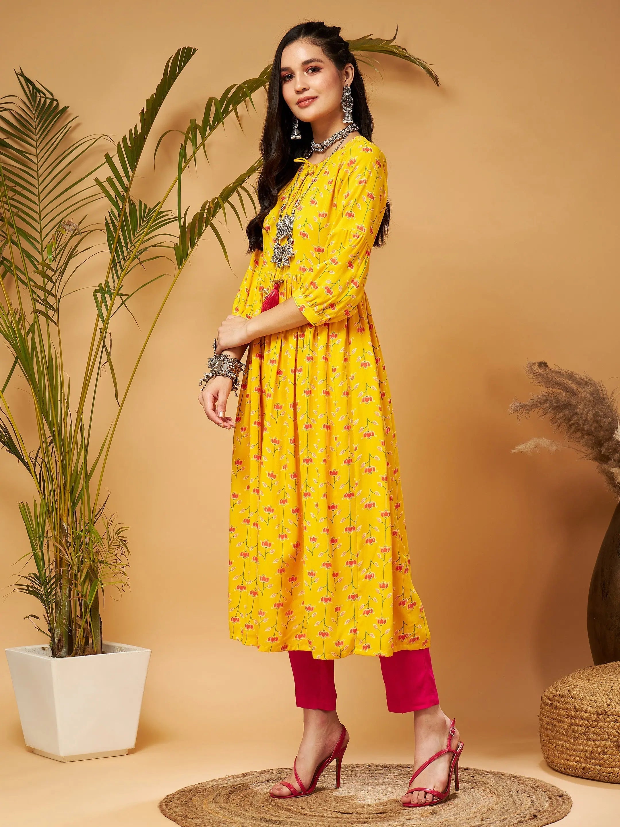 Floral Tie-Up Kurta - Yellow Bishop Sleeve Indian Kurtis