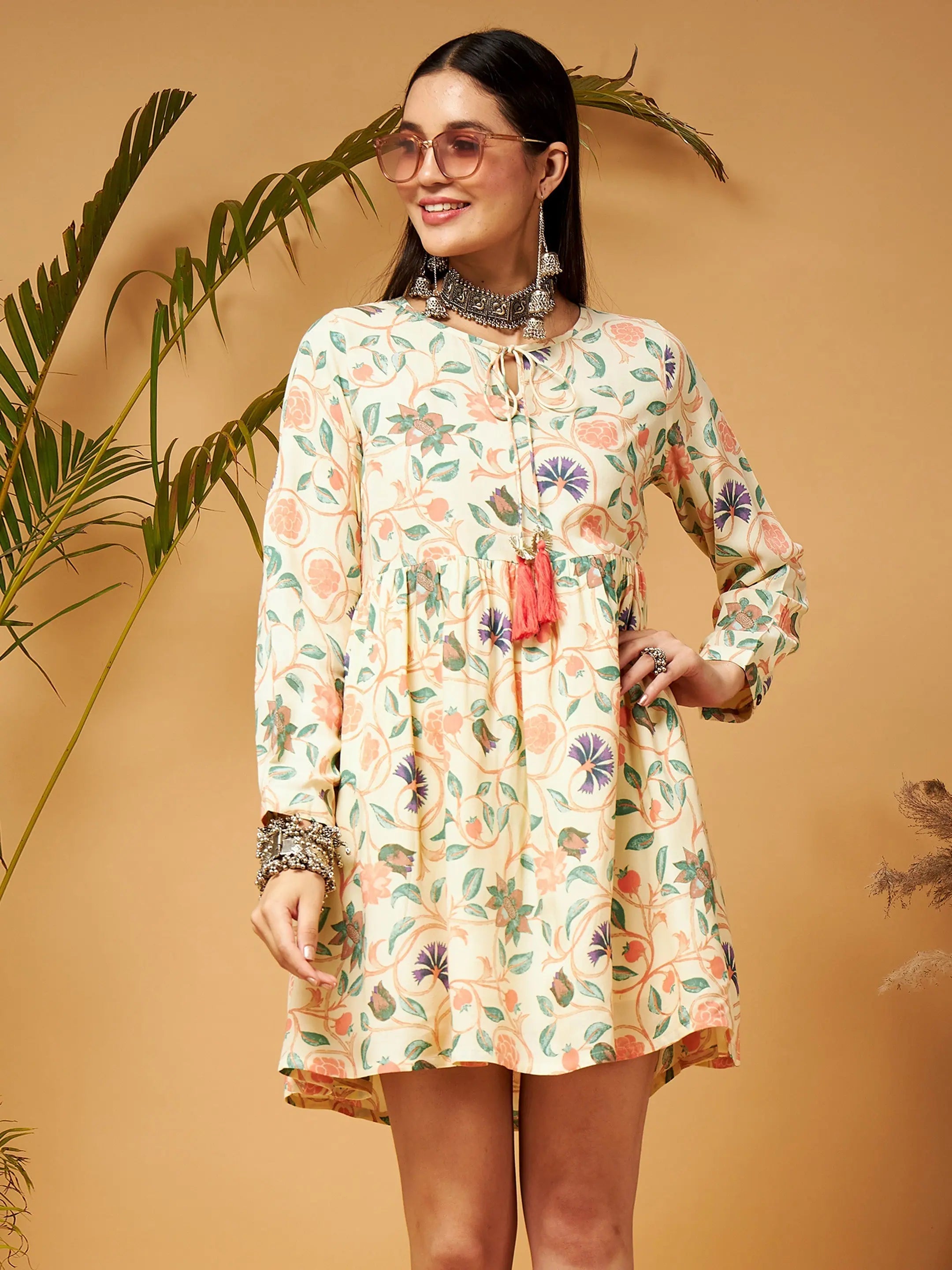 Floral Short Dress | Beige Gathered Dress for Women