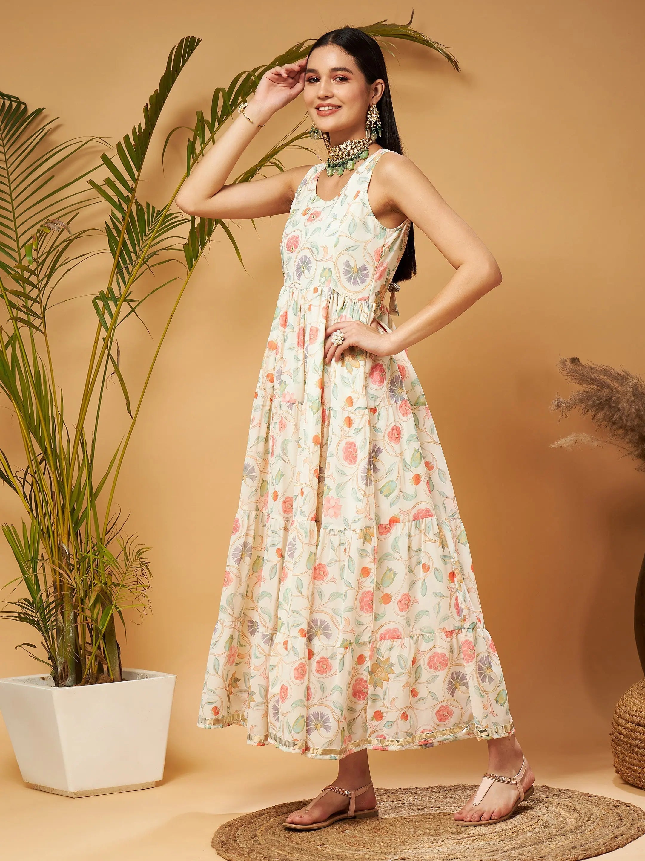 Beige Embroidered Maxi Dress | Women's Designer Lehenga Style