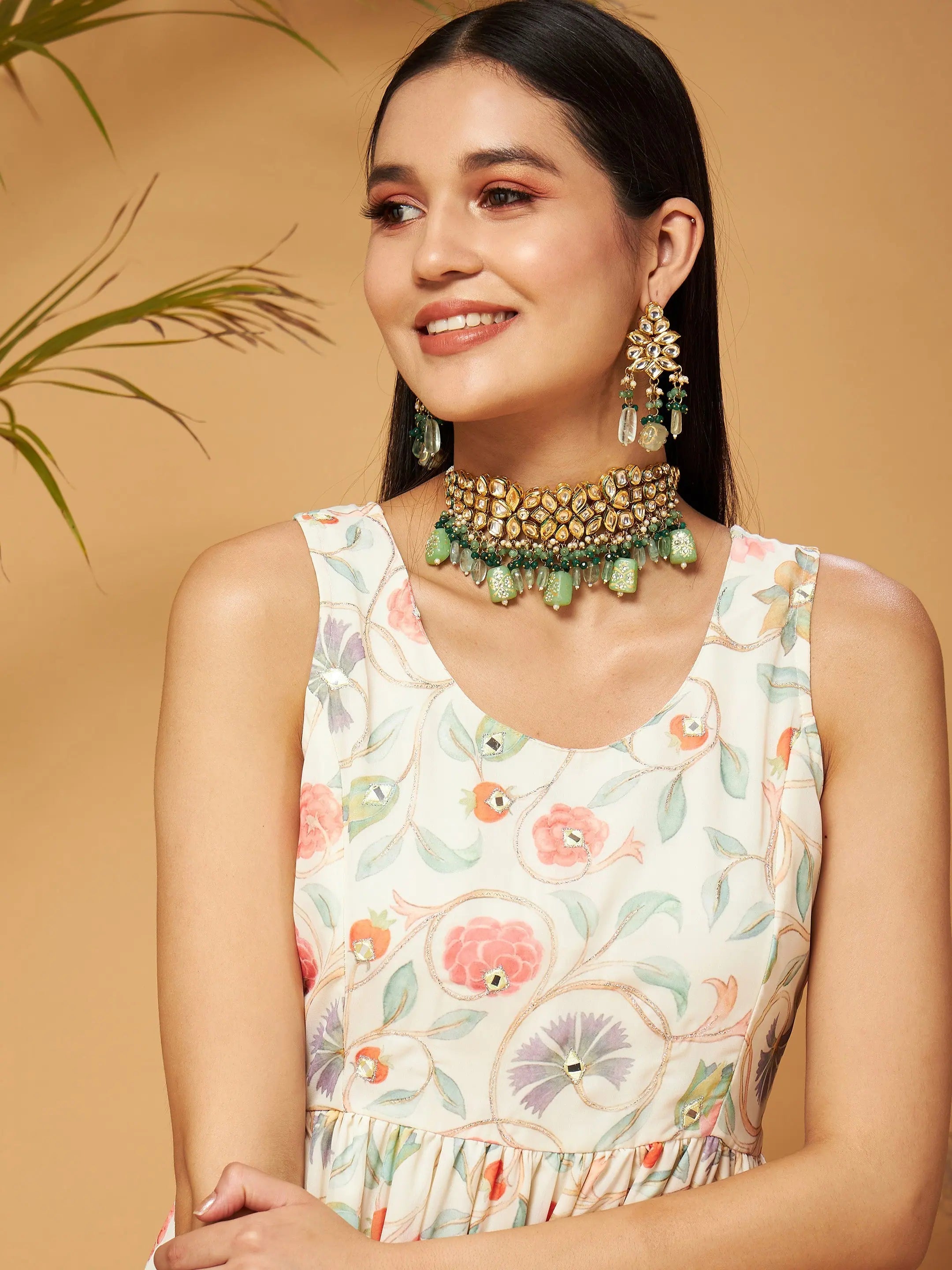 Beige Embroidered Maxi Dress | Women's Designer Lehenga Style