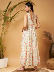 Women Beige Embroidered Sleeveless Tiered Dress