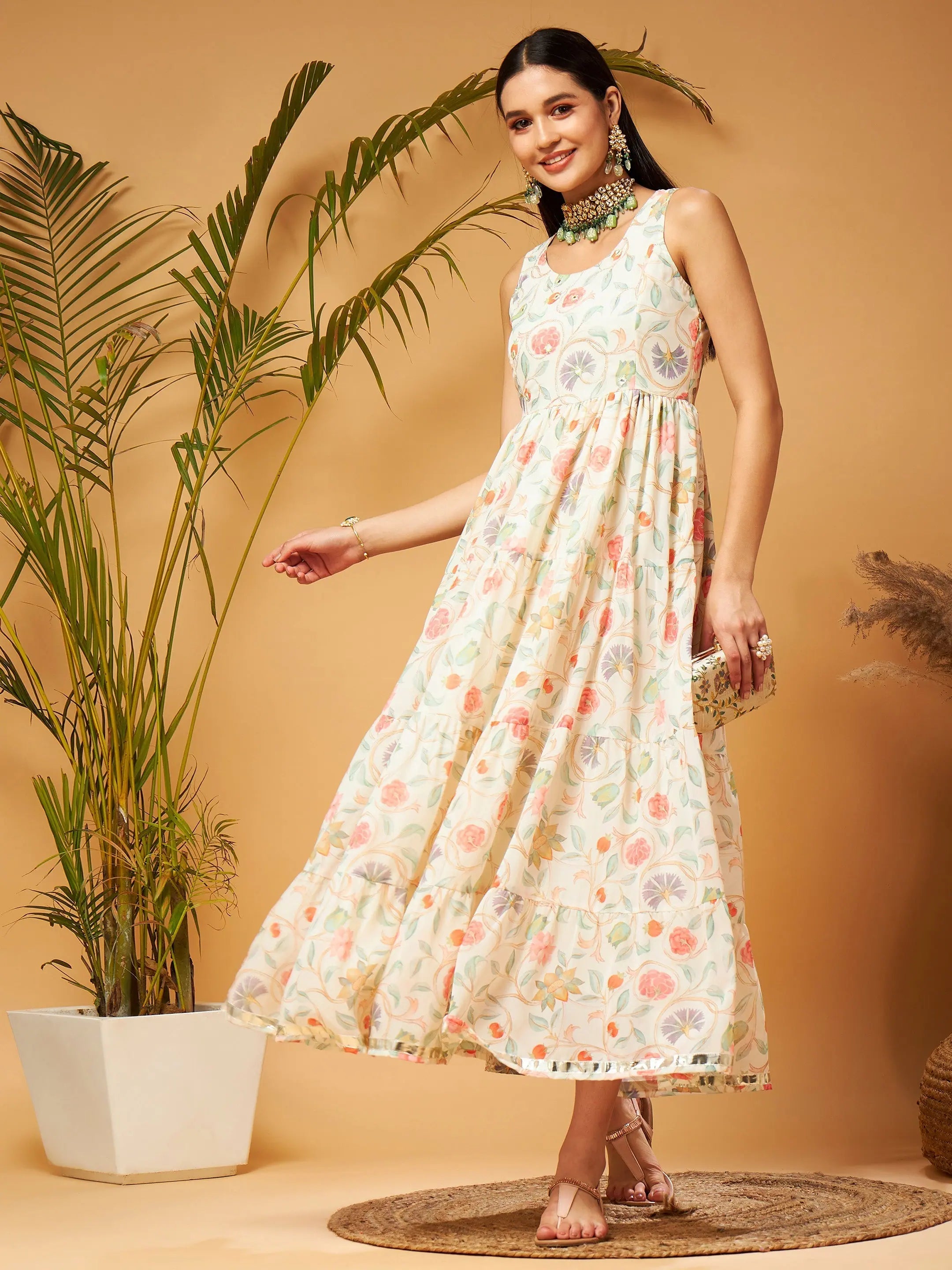 Beige Embroidered Maxi Dress | Women's Designer Lehenga Style