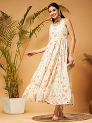 Women Beige Embroidered Sleeveless Tiered Dress