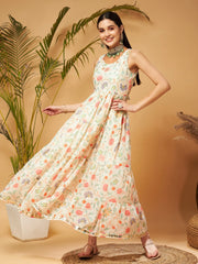 Women Beige Embroidered Sleeveless Tiered Dress