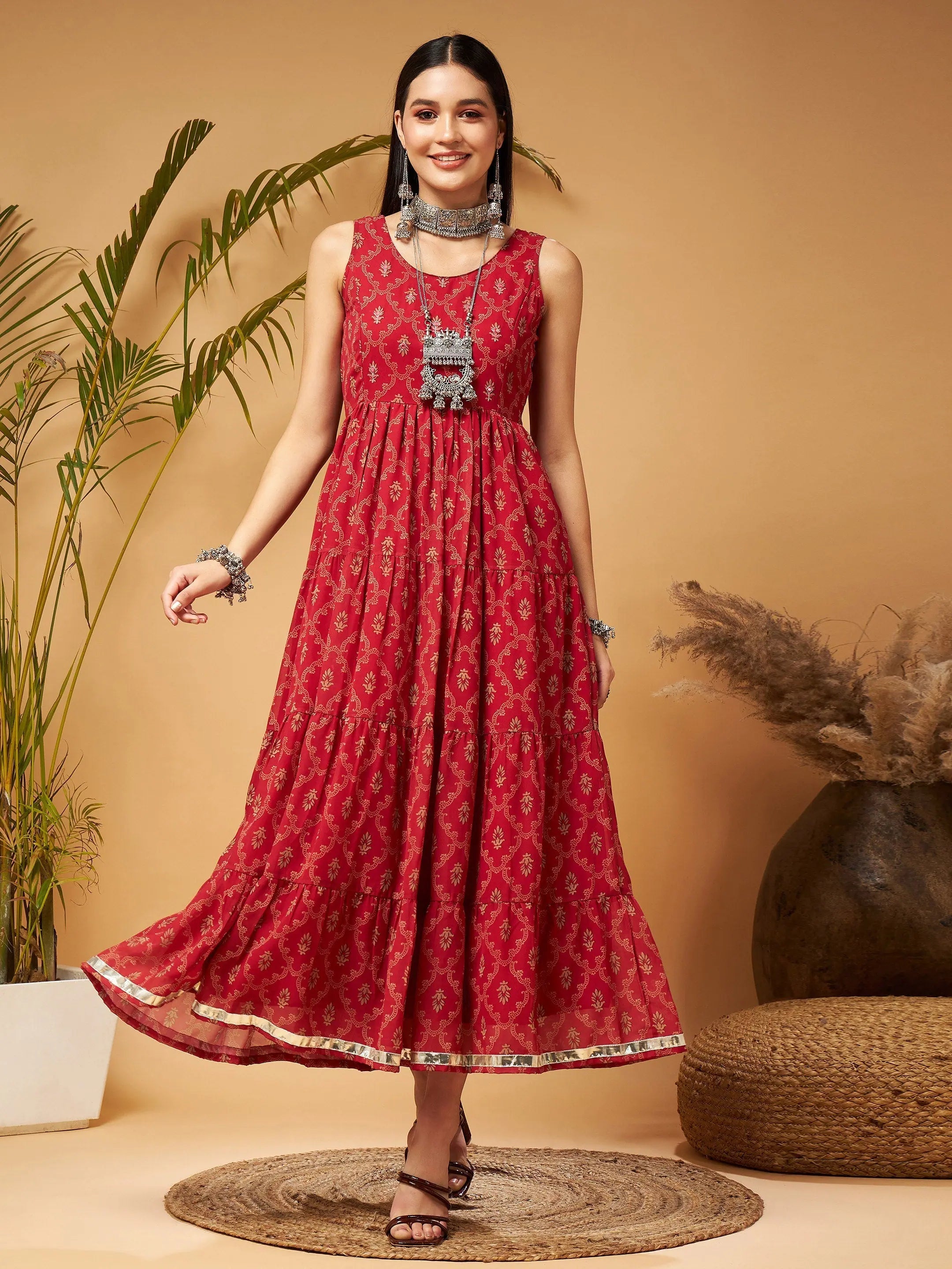 Maroon Embroidered Dress | Sleeveless Maxi Dress for Women