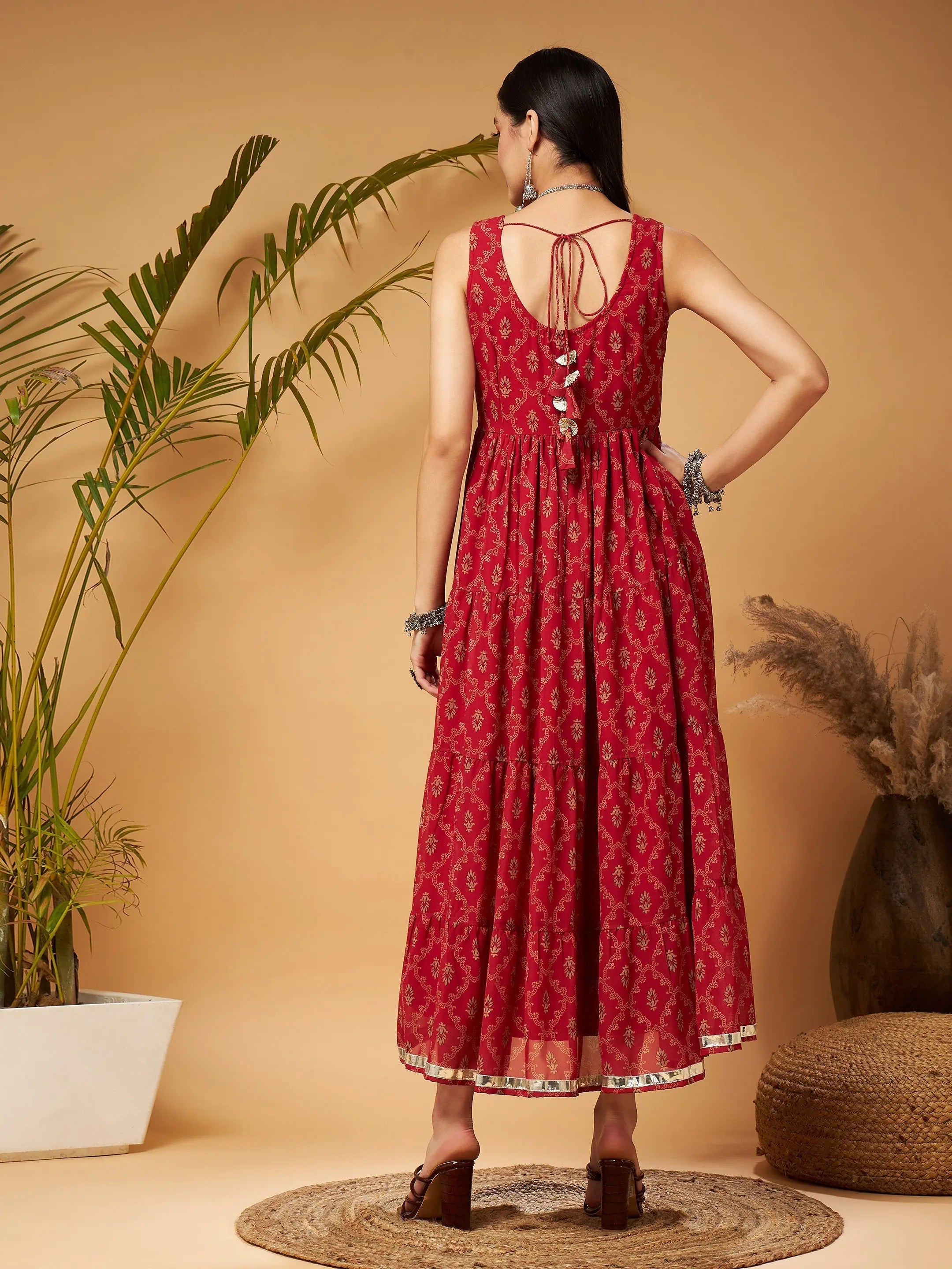 Maroon Embroidered Dress | Sleeveless Maxi Dress for Women