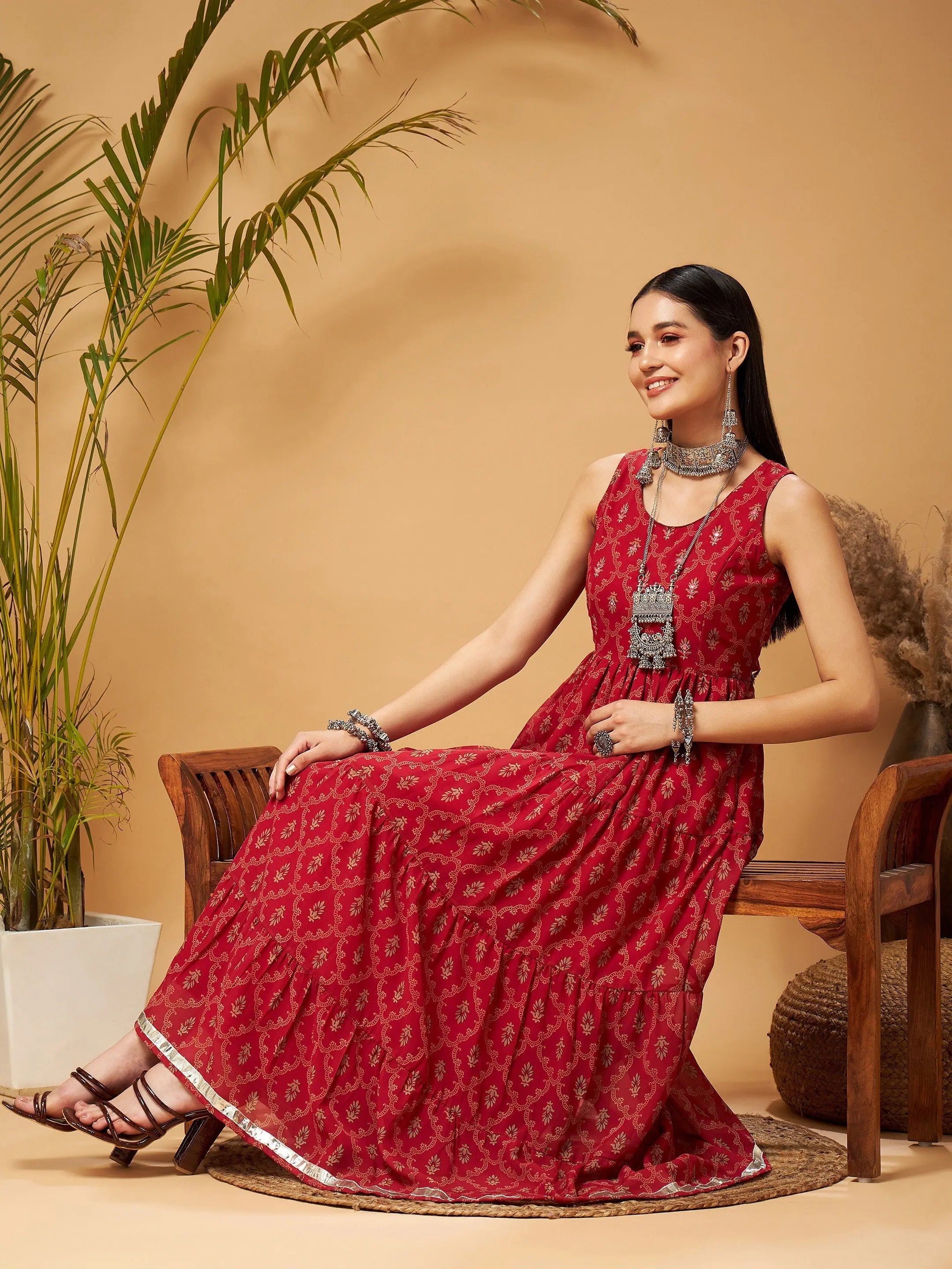 Maroon Embroidered Dress | Sleeveless Maxi Dress for Women