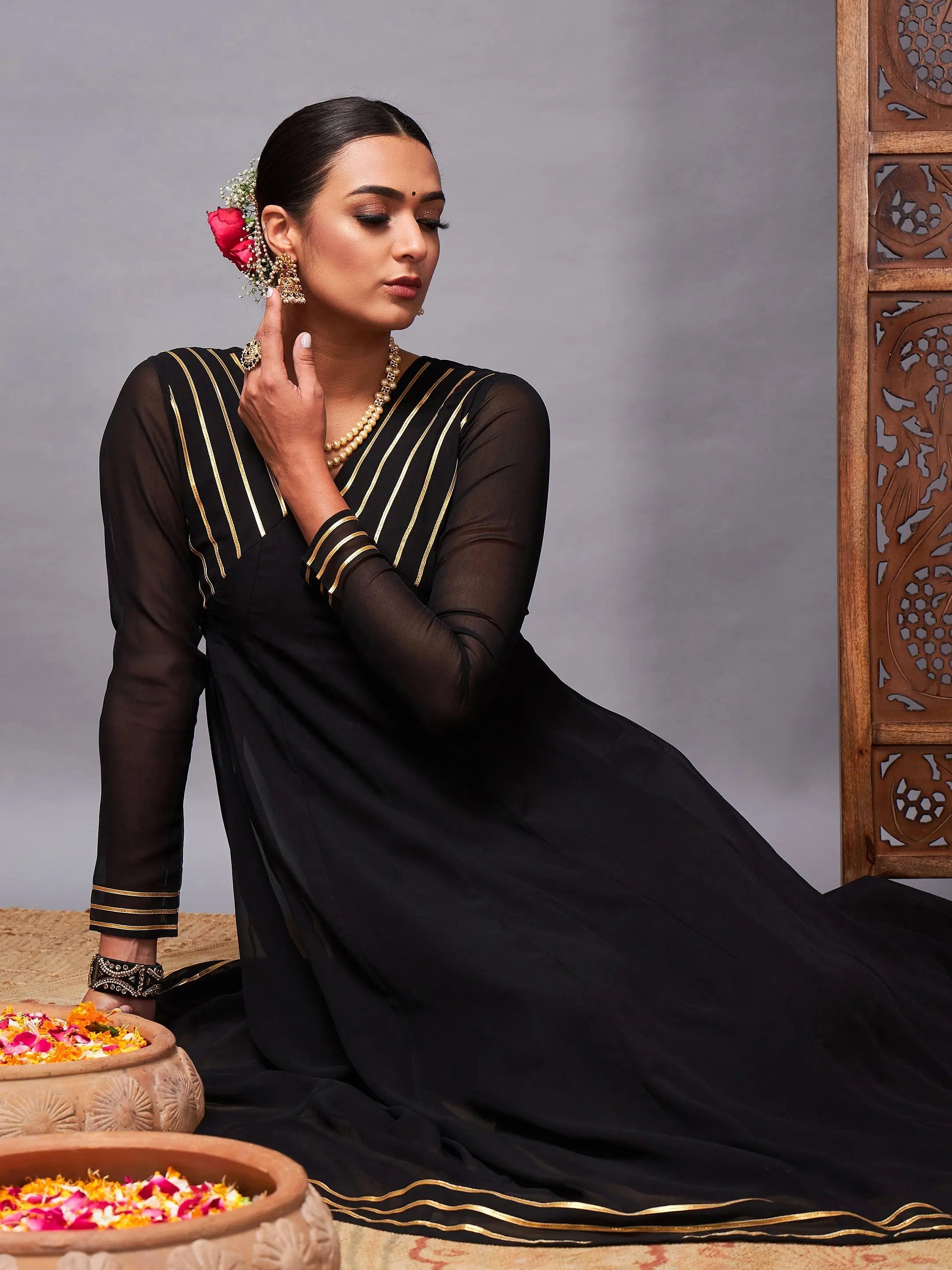 Black Gota Lace Anarkali Dress | Women's Ethnic Lehenga