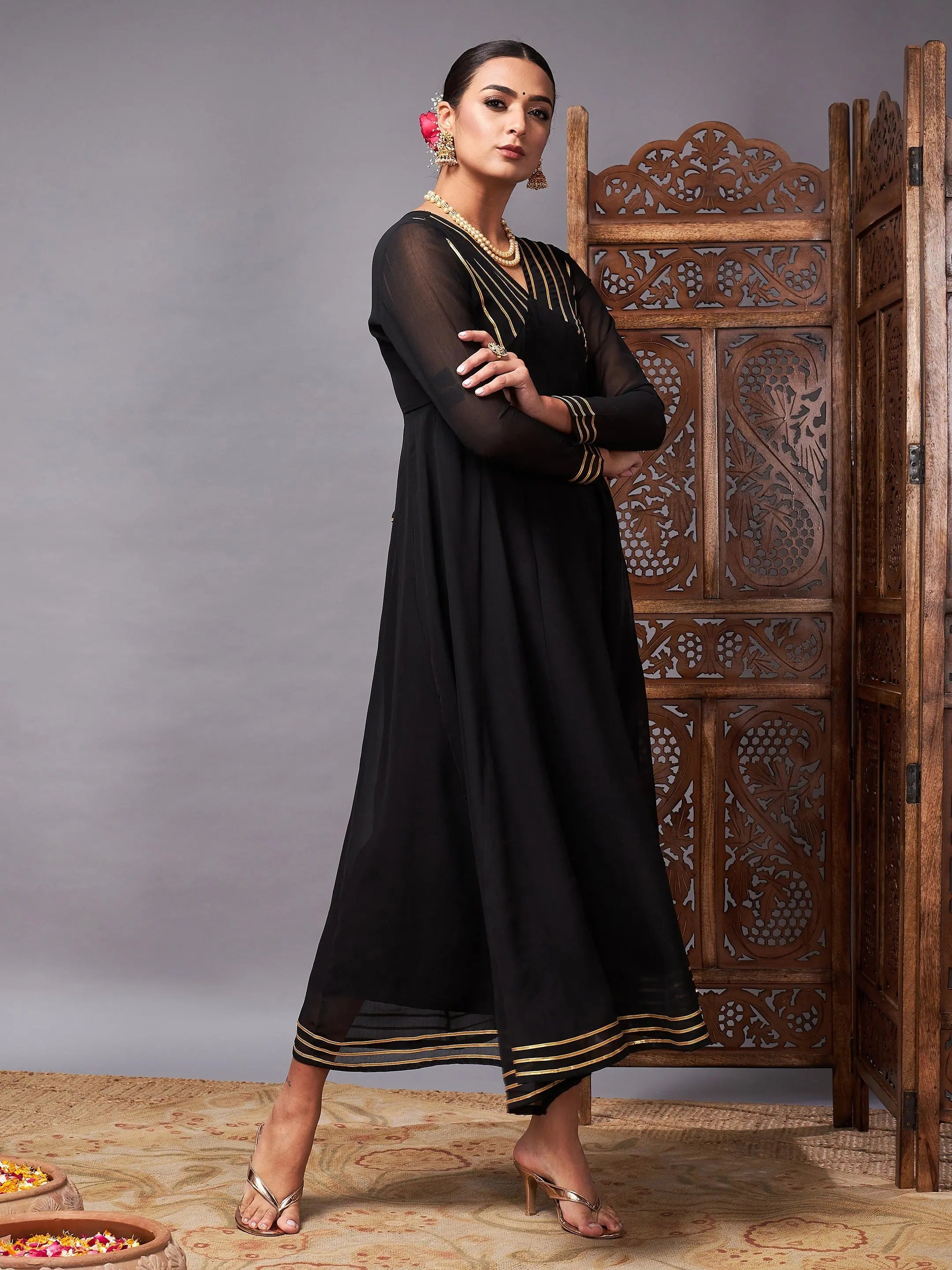 Black Gota Lace Anarkali Dress | Women's Ethnic Lehenga