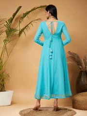 Women Blue Gota Lace Detail Anarkali Maxi Dress