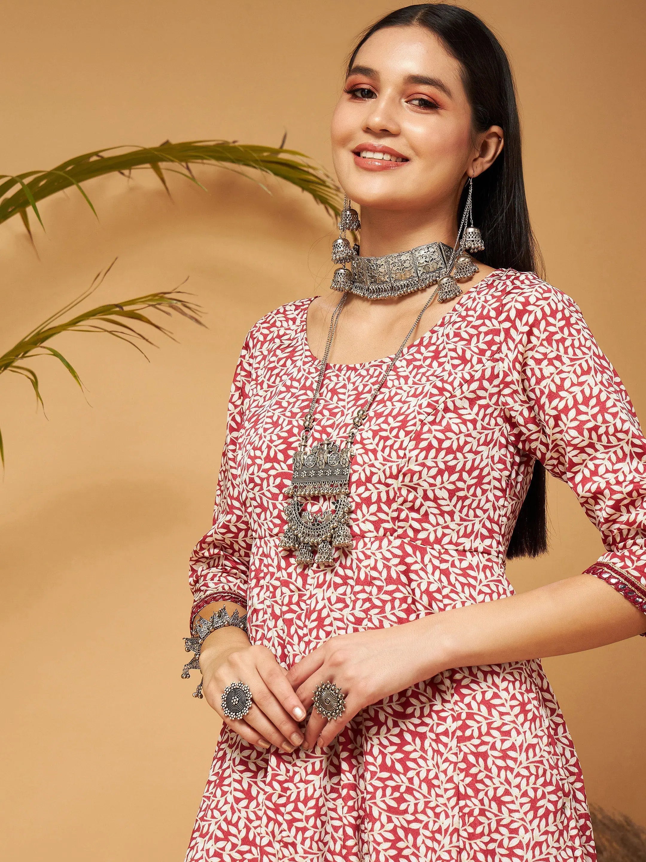 White Leaf Print Anarkali Maxi Dress | Festive Lehenga