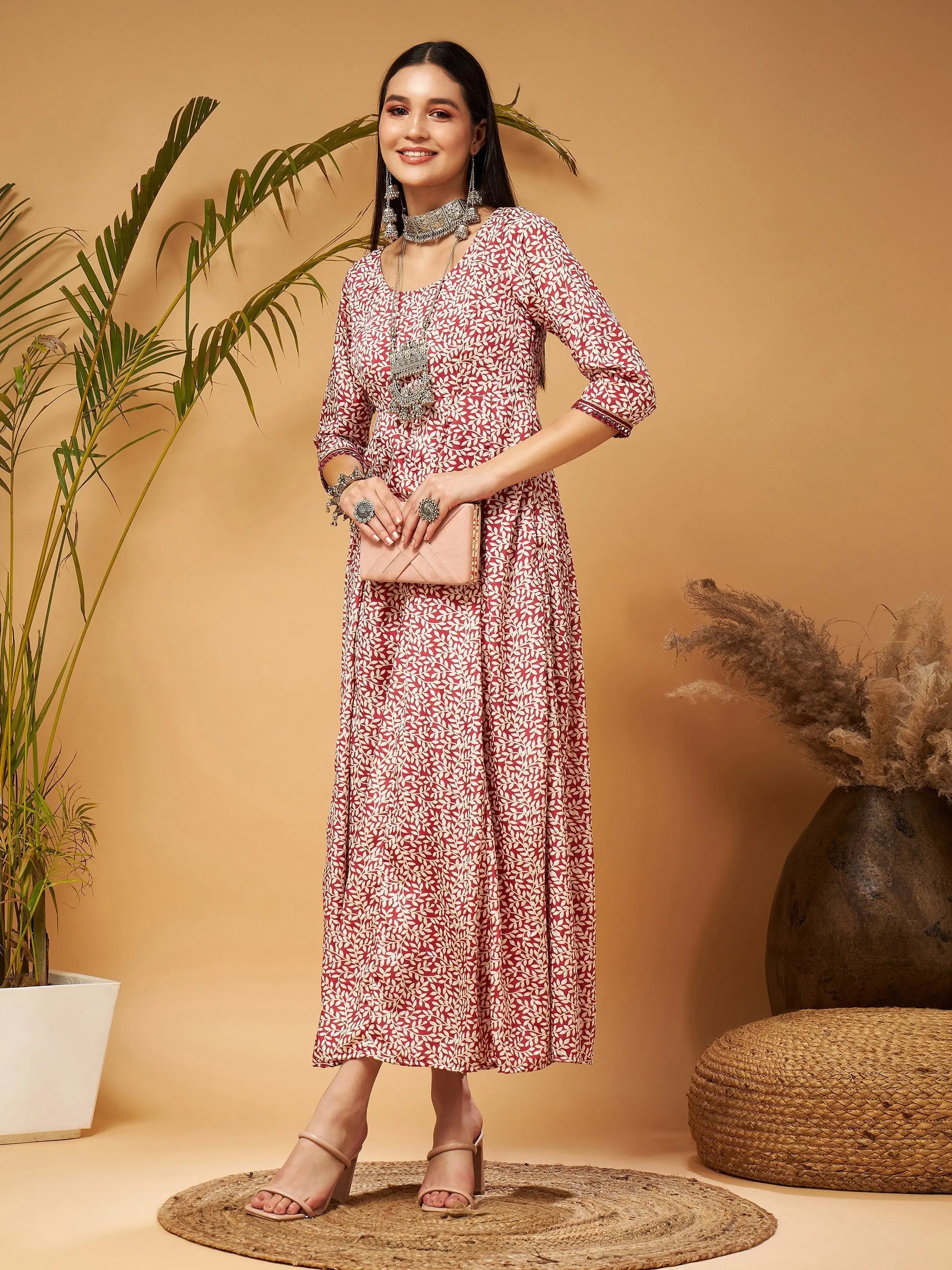 White Leaf Print Anarkali Maxi Dress | Festive Lehenga