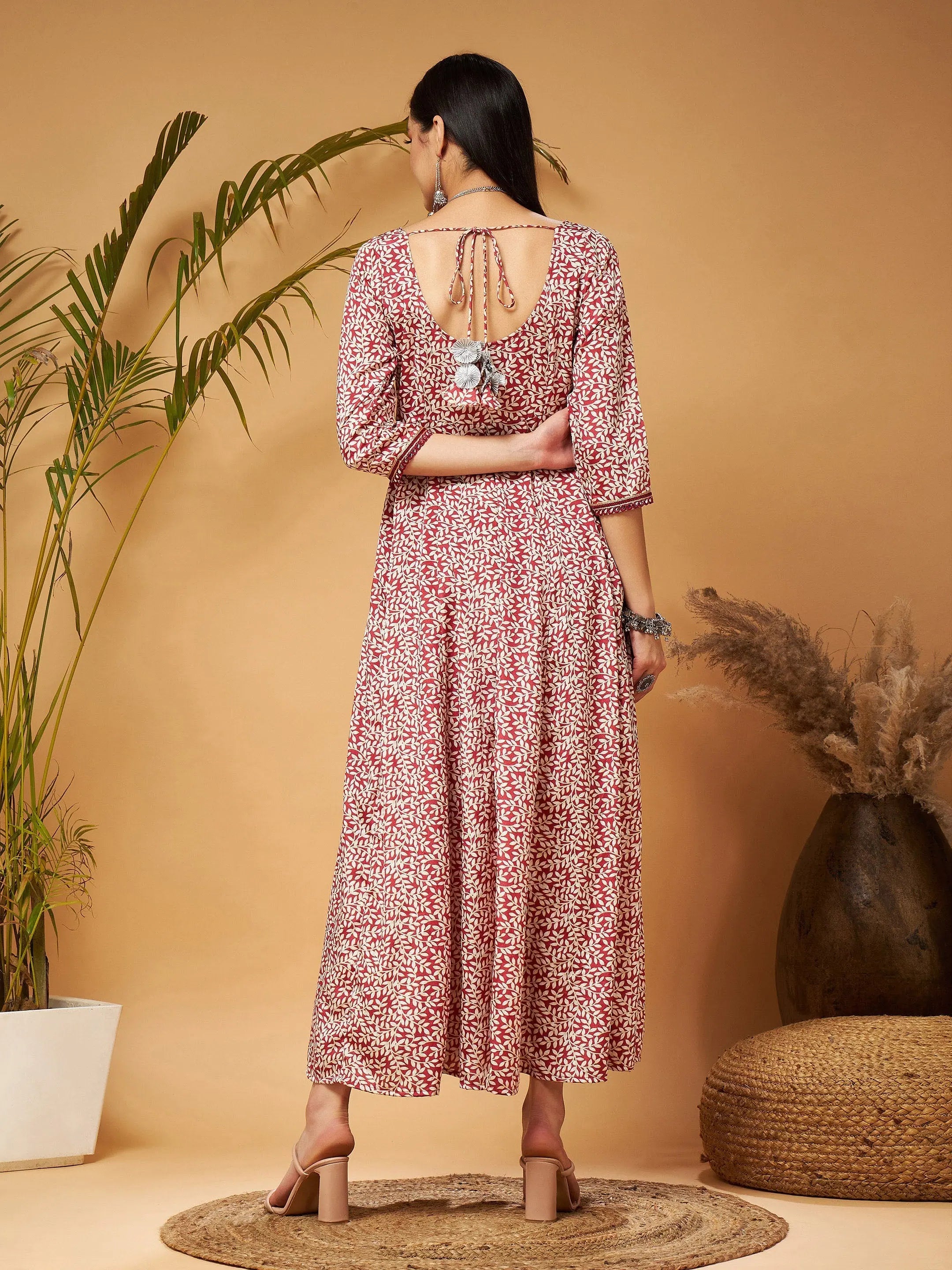 White Leaf Print Anarkali Maxi Dress | Festive Lehenga