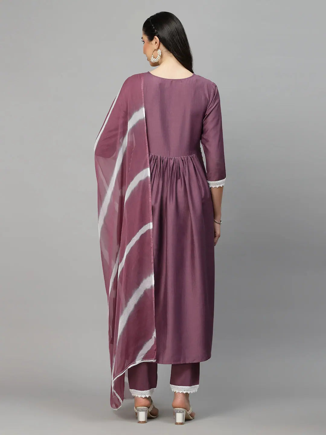 Women's Mauve Naira Cut Kurta Pant Dupatta Set | Designer Set