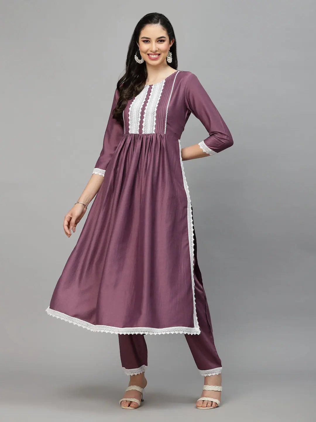 Women's Mauve Naira Cut Kurta Pant Dupatta Set | Designer Set