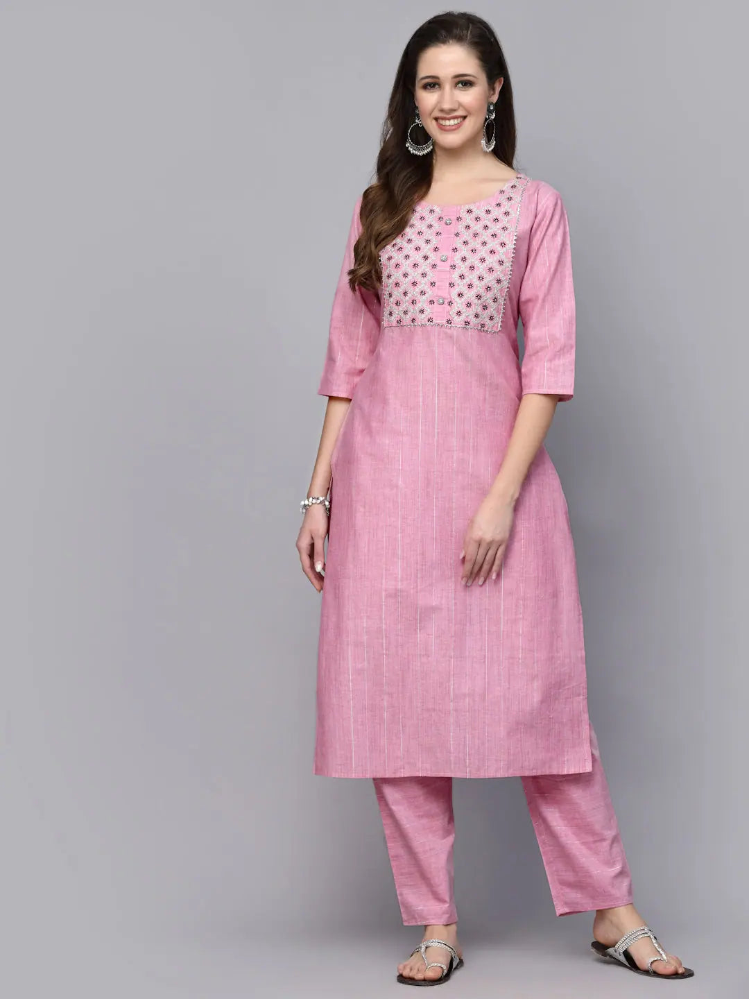 Women's Pink Cotton Blend Embroidered Kurta Pant Set