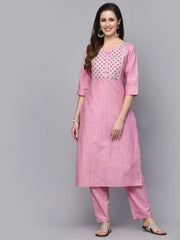 Women's Woven Design & Embroidered Cotton Blend Straight Kurta Pant Set-KPBRUNOPINK36