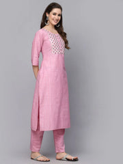 Women's Woven Design & Embroidered Cotton Blend Straight Kurta Pant Set-KPBRUNOPINK36