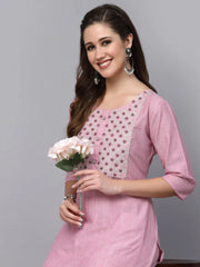 Women's Woven Design & Embroidered Cotton Blend Straight Kurta Pant Set-KPBRUNOPINK36