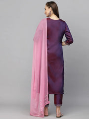 Women's Embroidered Art Silk Kurta Pant Dupatta Set