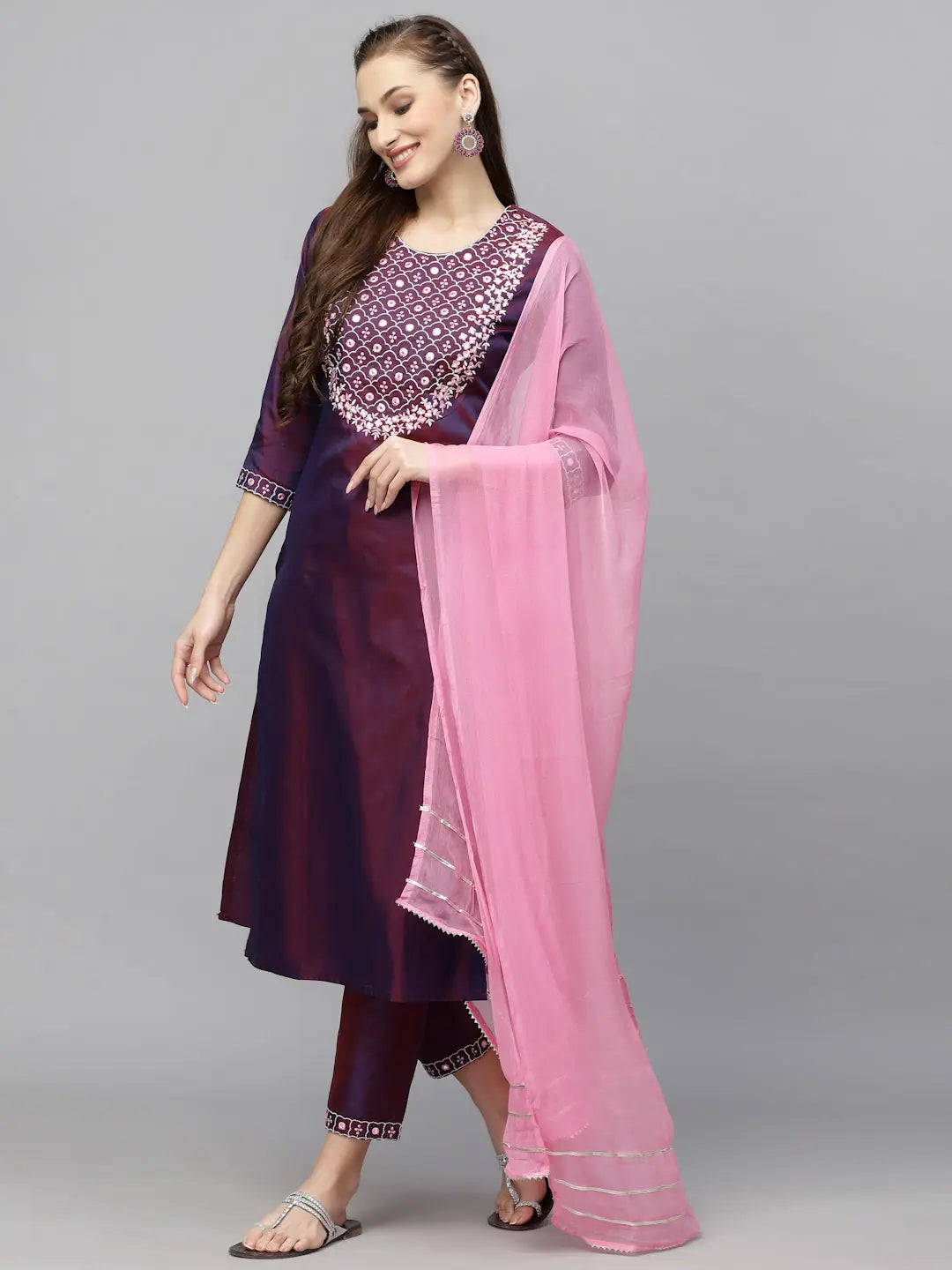 Silk Embroidered Kurta Set with Dupatta | Women's Indian Kurta...