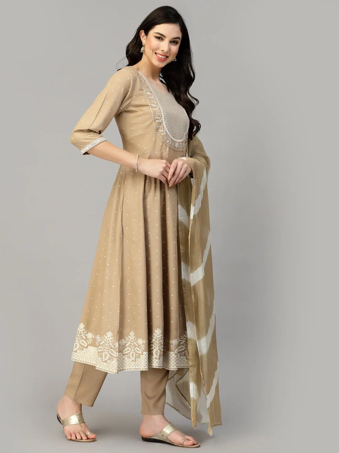 Beige Floral Cotton Kurta Set with Dupatta | Women's Indian Style