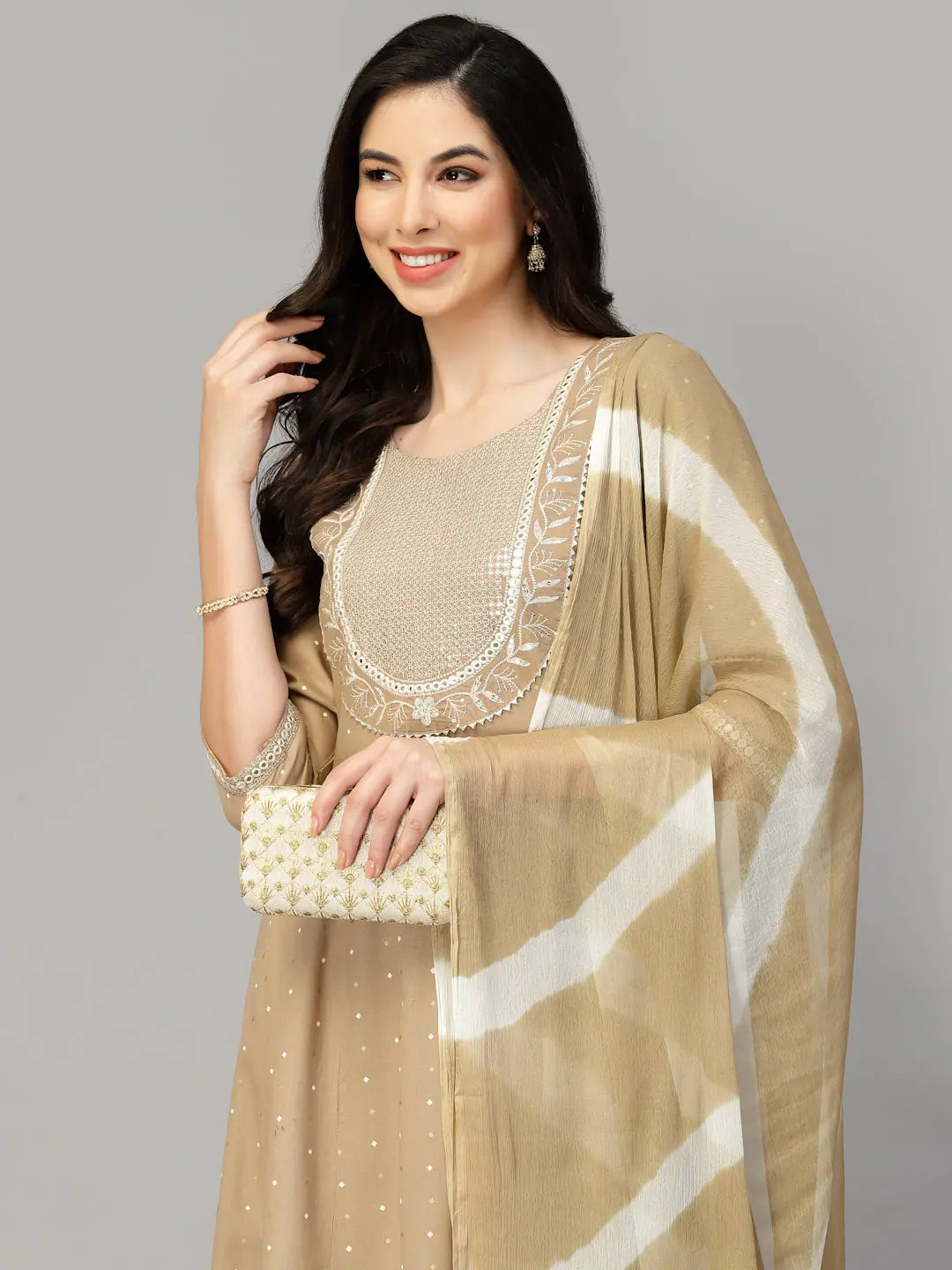 Beige Floral Cotton Kurta Set with Dupatta | Women's Indian Style