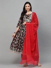 Women's Floral Printed Rayon Anarkali Kurta Pant Dupatta Set-KPDBLACKORCHID36