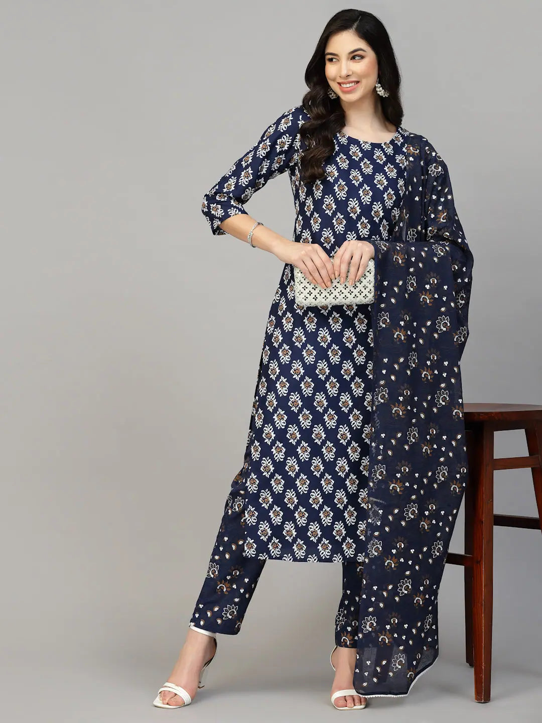 Women's Printed Rayon Kurta Pant Dupatta Set-KPDTUFFYNAVY36
