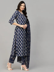 Women's Printed Rayon Kurta Pant Dupatta Set-KPDTUFFYNAVY36