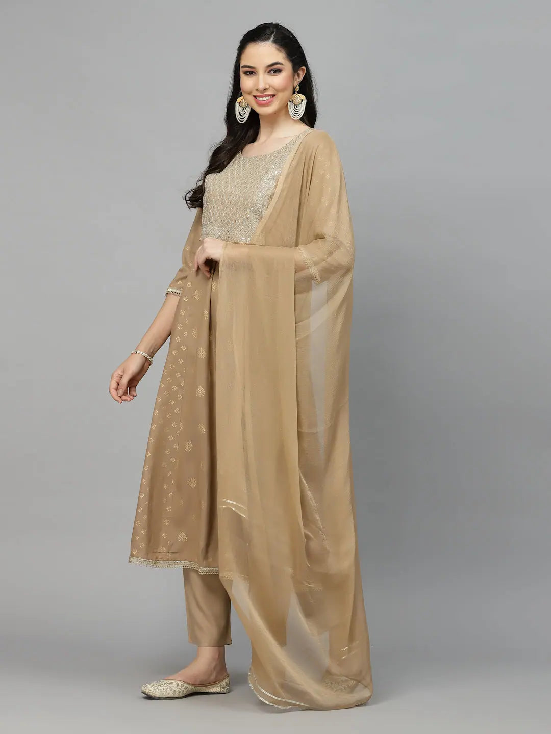 Gold Printed Rayon Kurta Set with Dupatta | Women's Indian Kurta