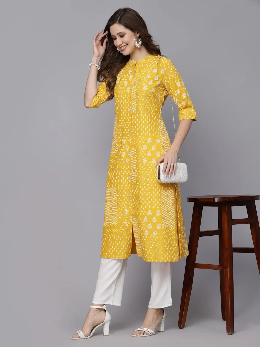 Mustard Ethnic Motif A-Line Kurta | Indian Kurti for Women