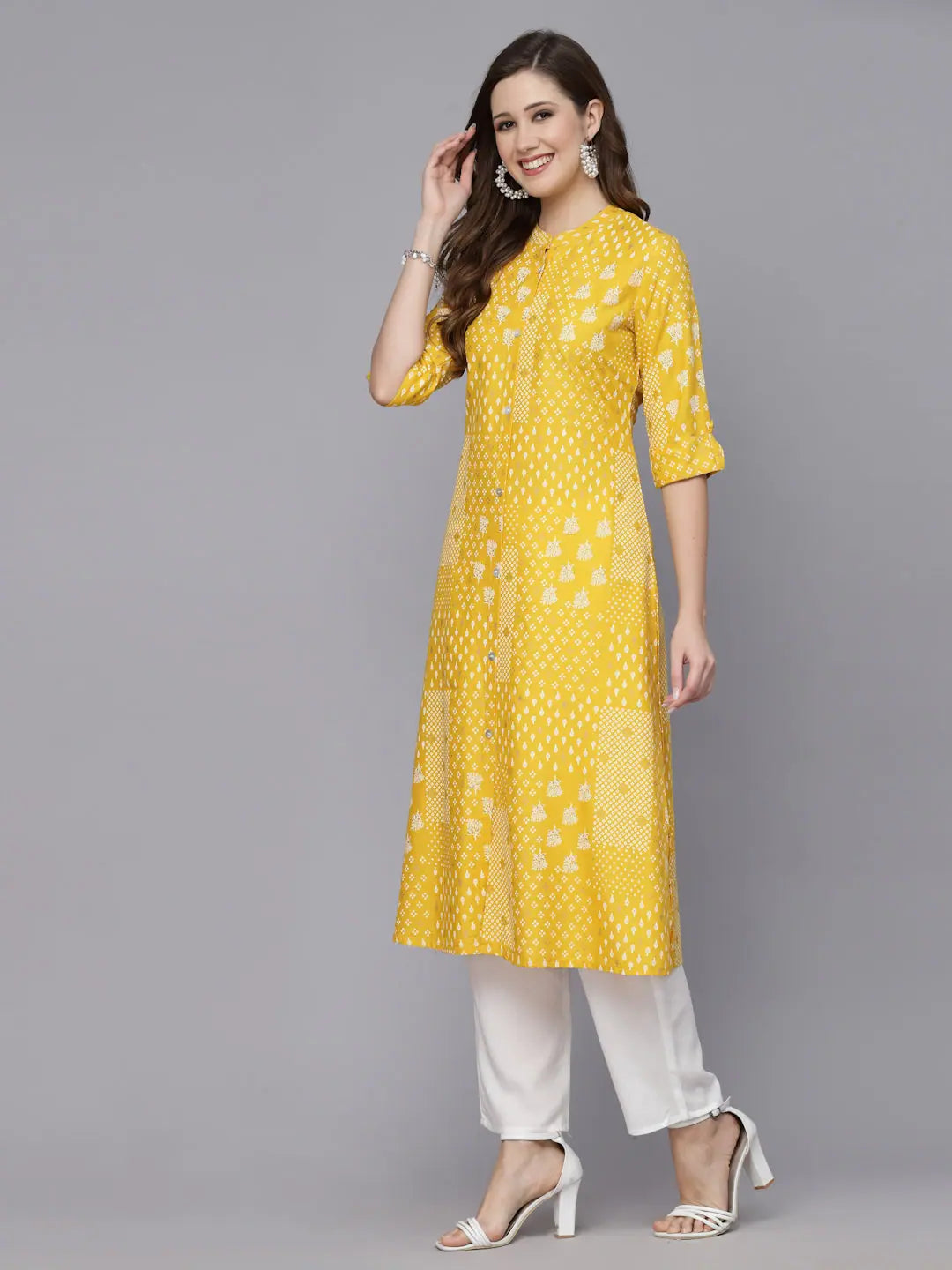 Mustard Ethnic Motif A-Line Kurta | Indian Kurti for Women