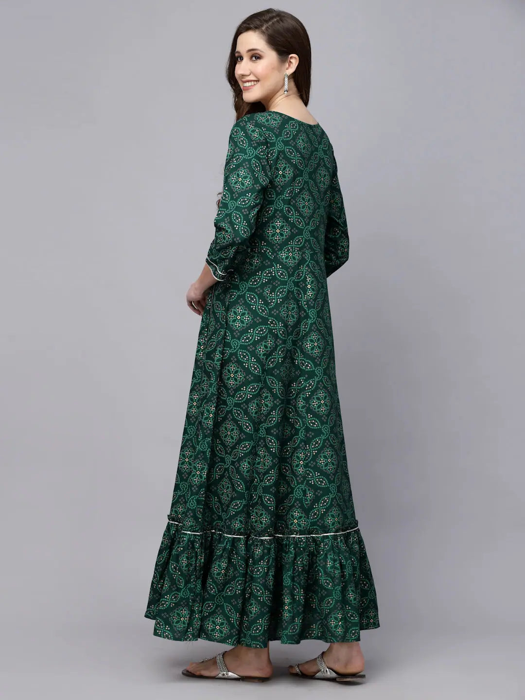 Green Bandhani Anarkali Kurta - Embroidered Rayon Kurti for Women